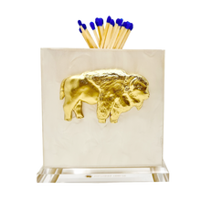 Load image into Gallery viewer, Matches with blue tips in a decorative holder featuring a gold buffalo design on a white background
