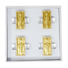 Load image into Gallery viewer, Four gold and silver rectangular pendants on a white background
