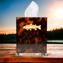 Load image into Gallery viewer, southern-tribute-tortoise-fine-boutique-tissue-box-cover-with-trout-gold-icon-fishing-theme-decor-gift-for-men-sunset-lakehouse-decor
