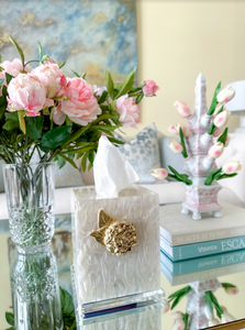 luxury fine acrylic pearl tissue box holder with gold hydrangea for grandmillennial home